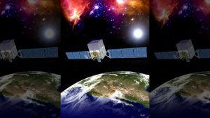 An artist's depiction of the Fermi Gamma-ray Space Telescope (FGST) in orbit. (NASA)